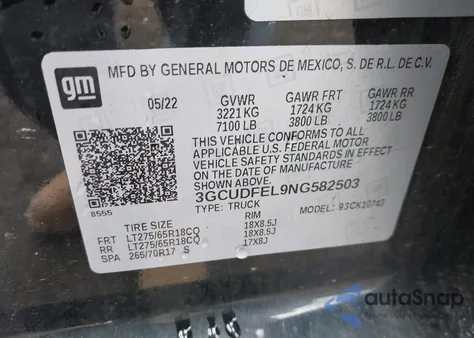 2022 Chevrolet Silverado 1500 4Wd Standard Bed Lt Trail Boss from USA, damaged, VIN 3GCUDFEL9NG582503